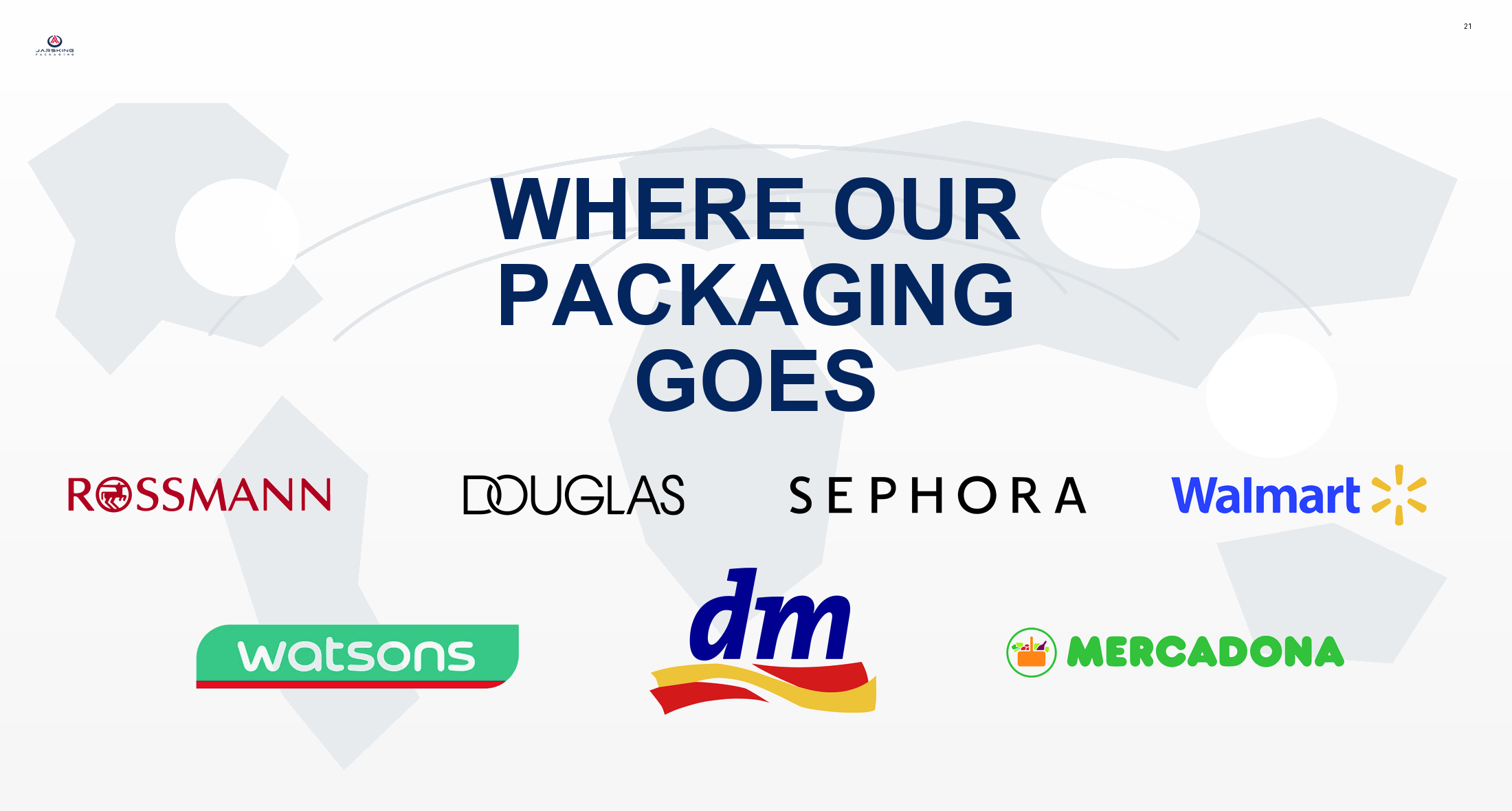 Where our packaging goes: Rossmann, Douglas, Sephora, Walmart, Watsons, dm and Mercadona logos